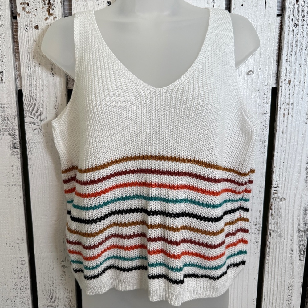 V-Neck‎ Striped Sweater Tank  Top Women Size Medium White Multicolor Cute Preppy